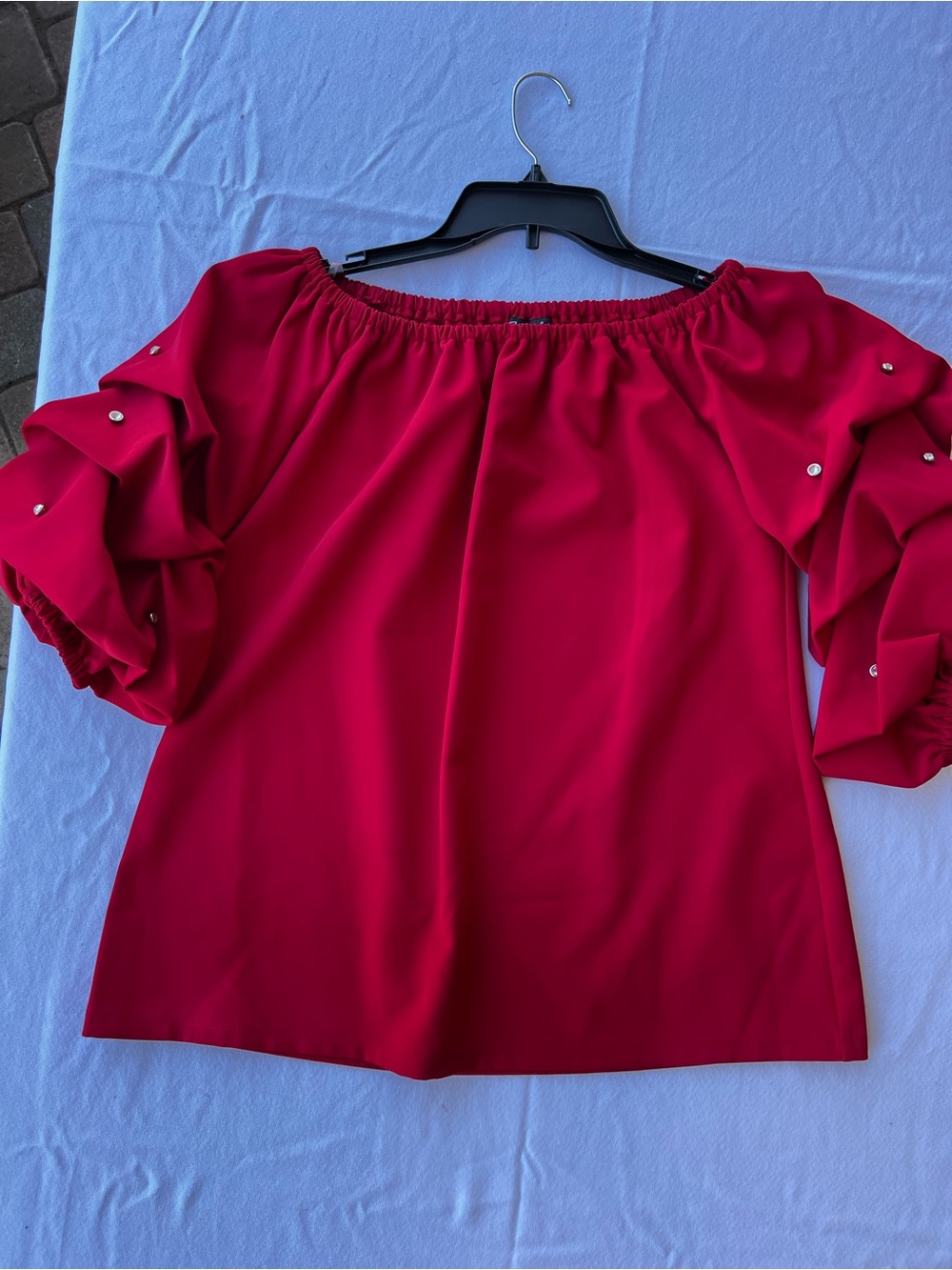 Off-Shoulder Red Blouse with Ruffle Sleeve Details